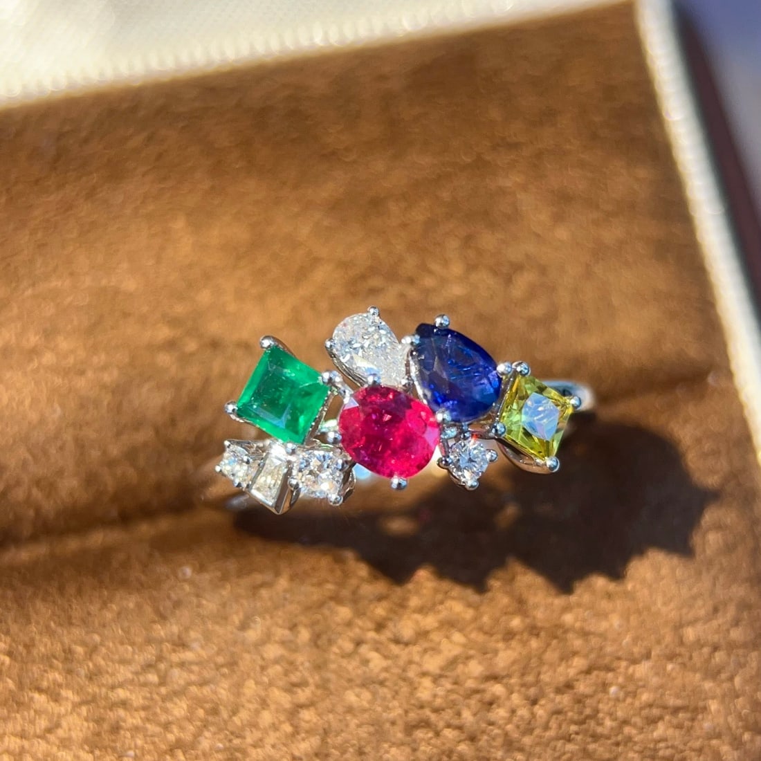 14k Gold 1.28 Ctw Natural Sapphire & Ruby & Emerald & Diamond Ring: Ref:231162086 // gold content:14k gold // ring size:7. 25us // // main gemstone:sapphire & ruby & emerald // shape:multiple // carat weight:1. 10ct // color:color // treatment:natural // // adjacent