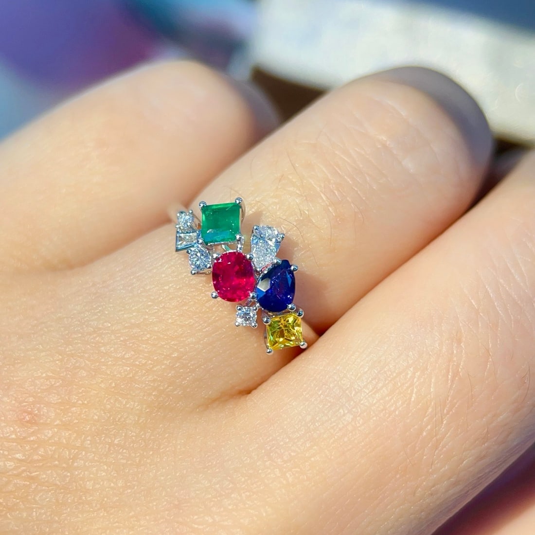 14k Gold 1.28 Ctw Natural Sapphire & Ruby & Emerald & Diamond Ring - 6