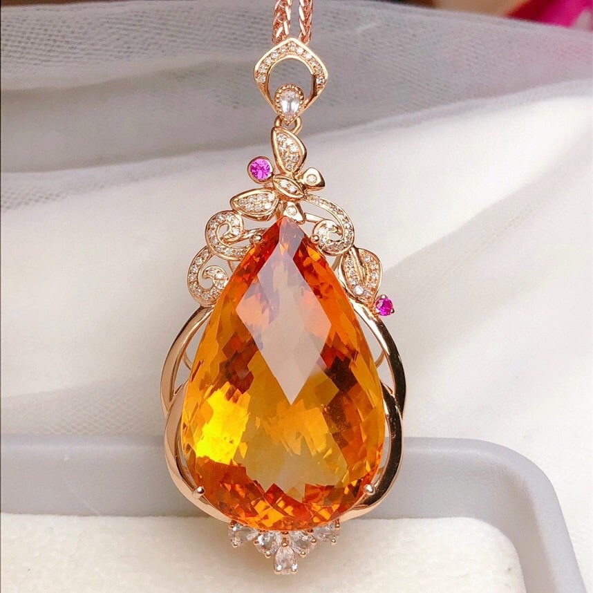 14k Gold 41.06 Ct Natural Citrine & Diamond & Sapphire Pendant( Without Chain ) - 2