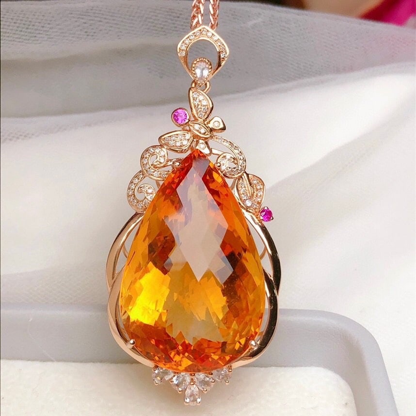 14k Gold 41.06 Ct Natural Citrine & Diamond & Sapphire Pendant( Without Chain ) - 4