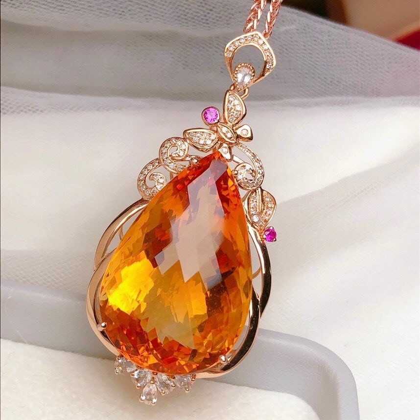14k Gold 41.06 Ct Natural Citrine & Diamond & Sapphire Pendant( Without Chain ) - 5
