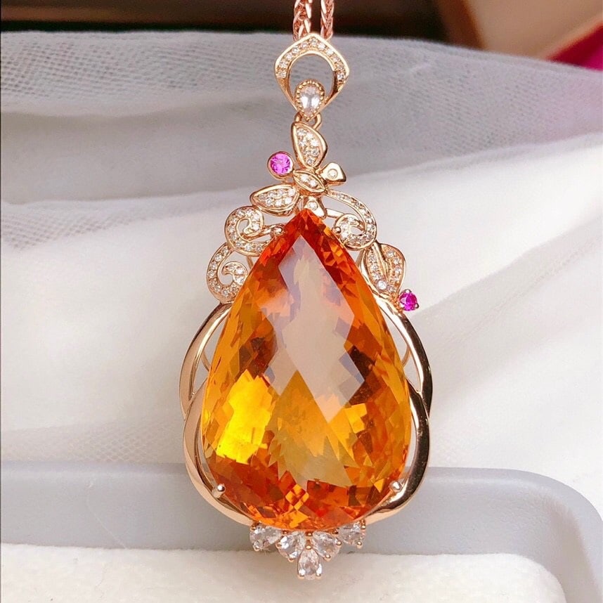 14k Gold 41.06 Ct Natural Citrine & Diamond & Sapphire Pendant( Without Chain ) - 6