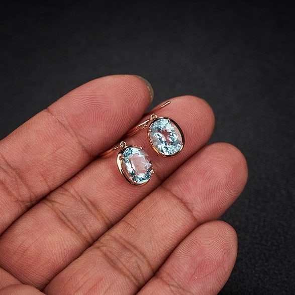 14k Gold 3.76 Ct Natural Aquamarine Earrings - 7