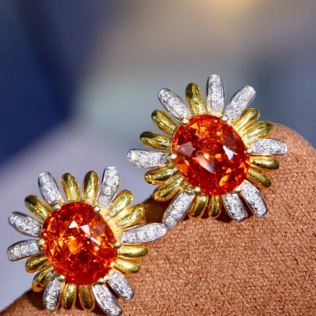14k Gold 8.24 Ctw Natural Spessartine & Diamond & Flowers Earrings: Ref:231162093 // gold content:14k gold // main gemstone:spessartine // shape:oval // carat weight:8. 0ct // color:orange // treatment:natural // // adjacent gemstone 2 : diamond // shape:round // cara