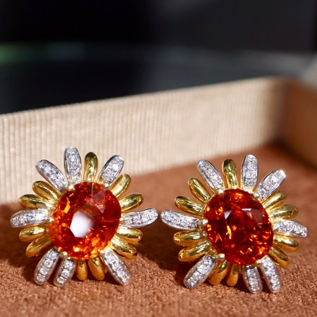 14k Gold 8.24 Ctw Natural Spessartine & Diamond & Flowers Earrings - 3