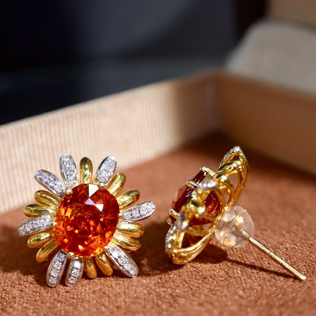 14k Gold 8.24 Ctw Natural Spessartine & Diamond & Flowers Earrings - 4