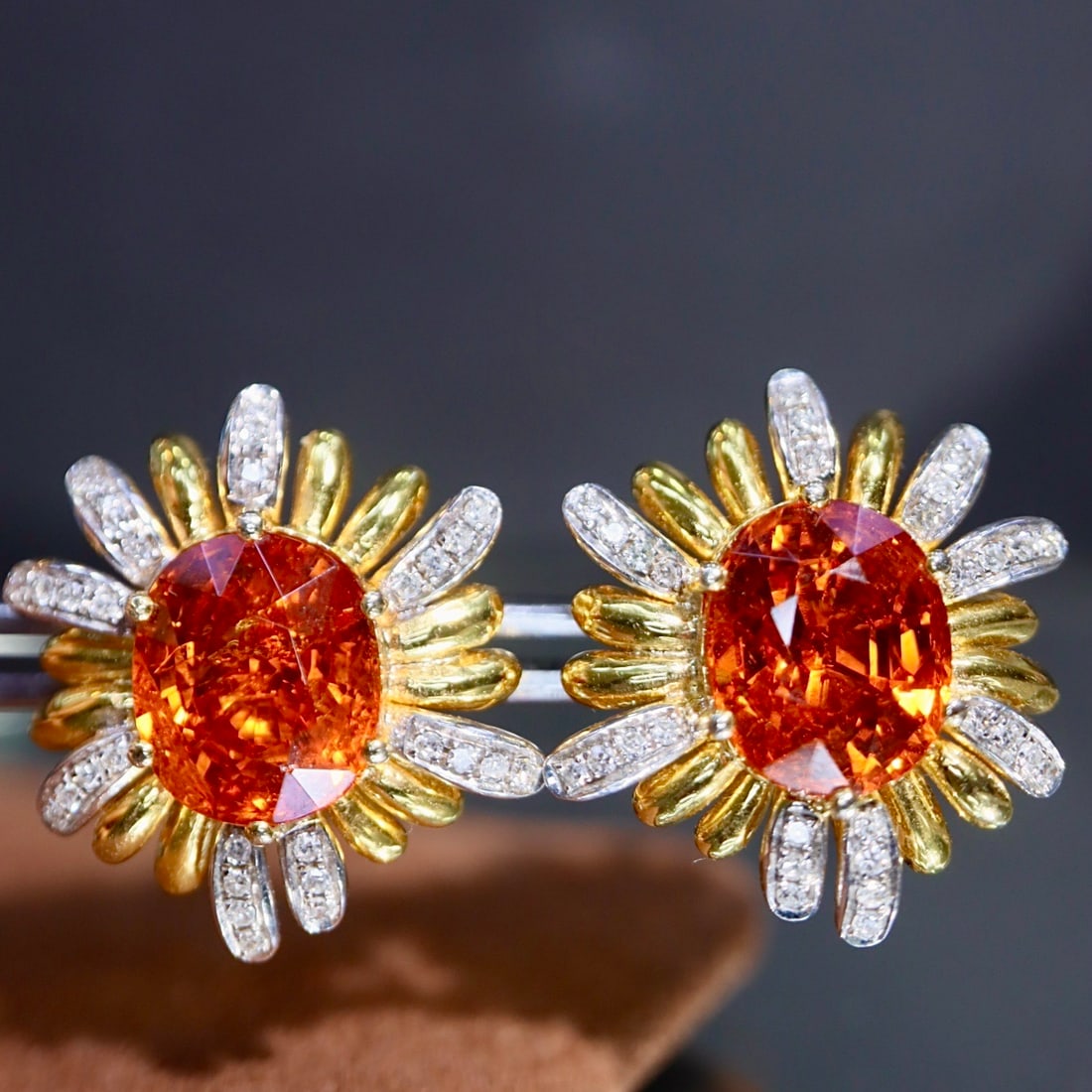 14k Gold 8.24 Ctw Natural Spessartine & Diamond & Flowers Earrings - 5