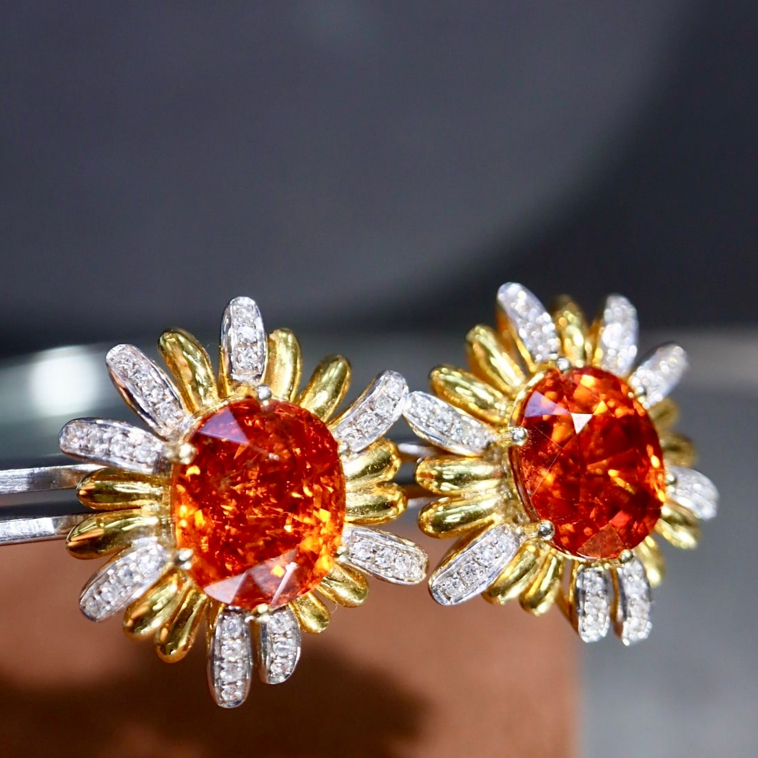 14k Gold 8.24 Ctw Natural Spessartine & Diamond & Flowers Earrings - 6