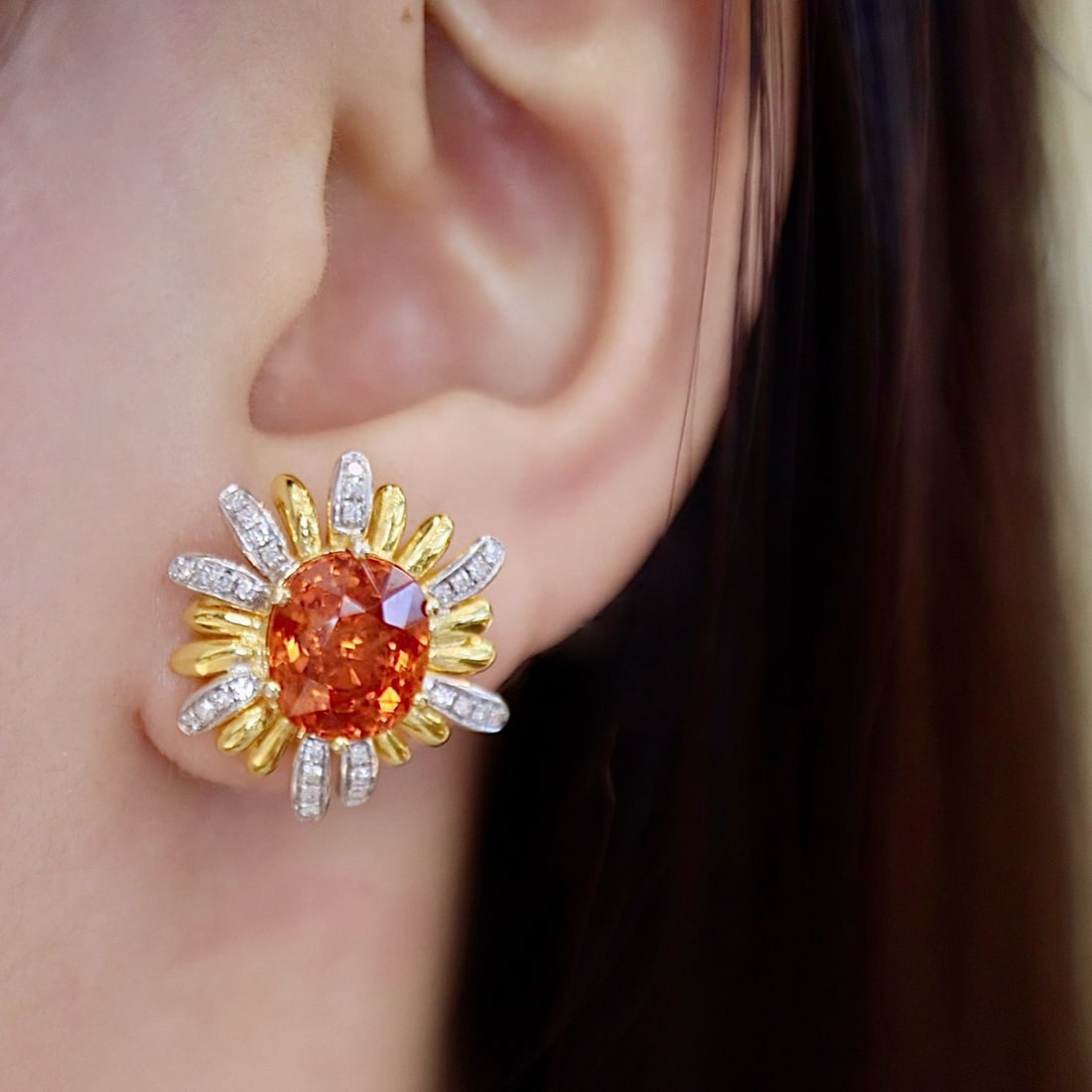 14k Gold 8.24 Ctw Natural Spessartine & Diamond & Flowers Earrings - 7