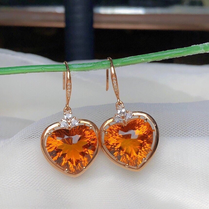 14k Gold 14.90 Ct Natural Citrine & Diamond & Sapphire Earrings: Ref:231162110 // gold content:14k gold // main gemstone:citrine // shape:heart // carat weight:14. 90ct // color:yellow // treatment:natural // // adjacent gemstone 2 : diamond // number of stones:10 