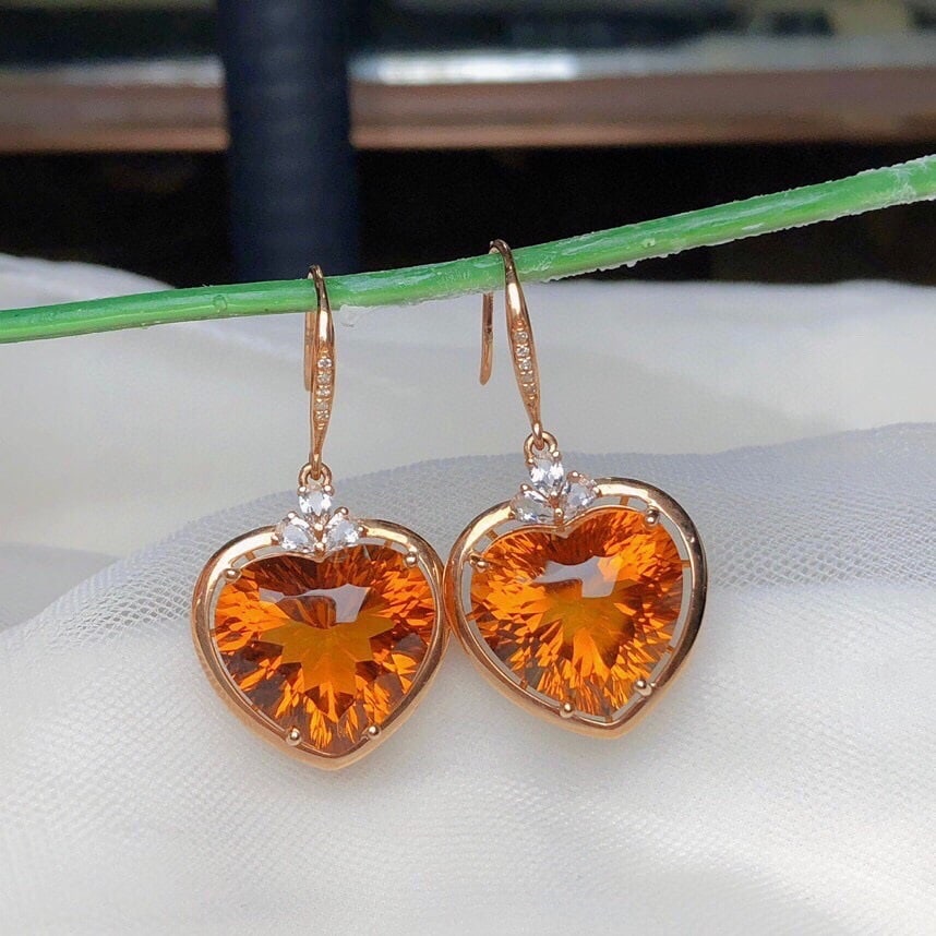 14k Gold 14.90 Ct Natural Citrine & Diamond & Sapphire Earrings - 2