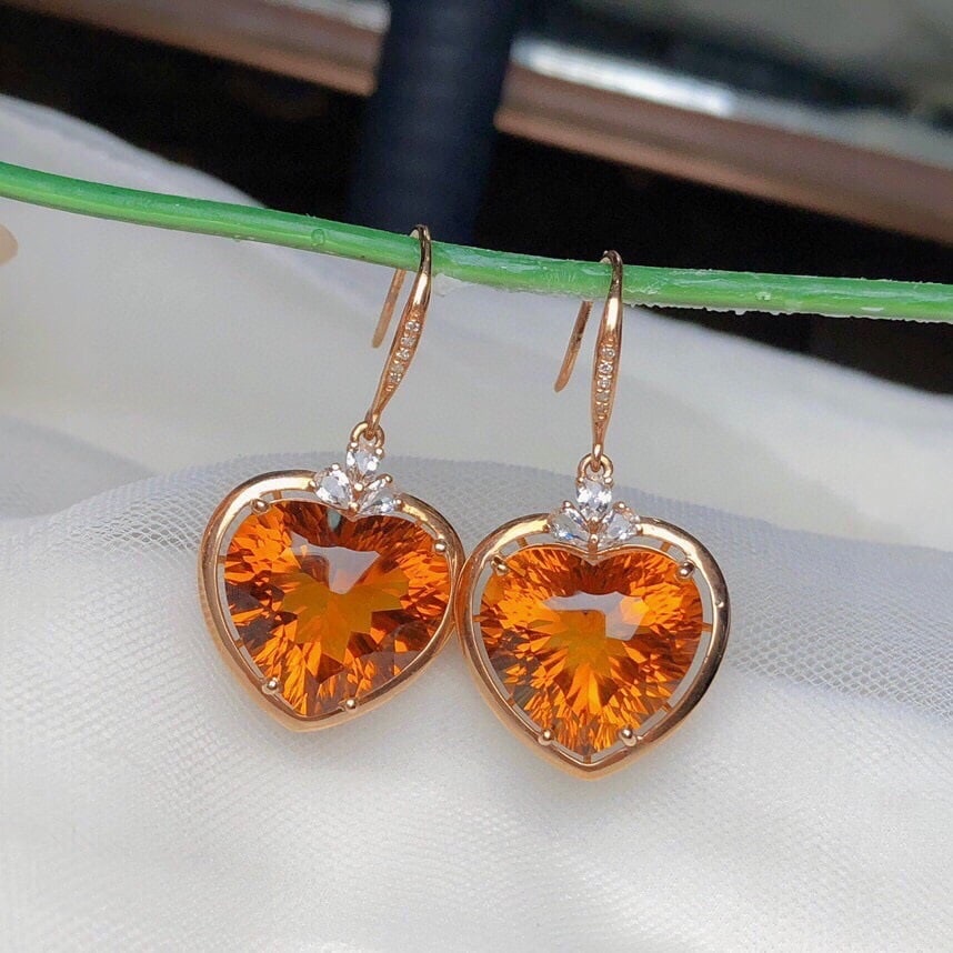 14k Gold 14.90 Ct Natural Citrine & Diamond & Sapphire Earrings - 3