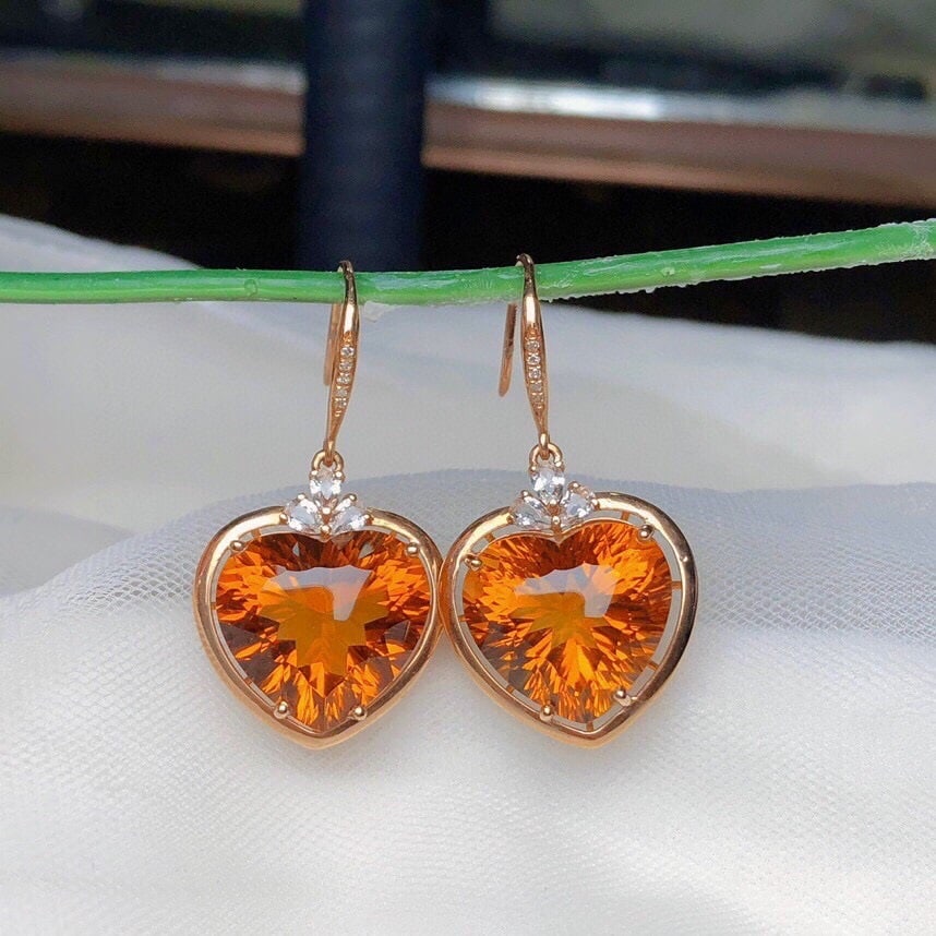 14k Gold 14.90 Ct Natural Citrine & Diamond & Sapphire Earrings - 4