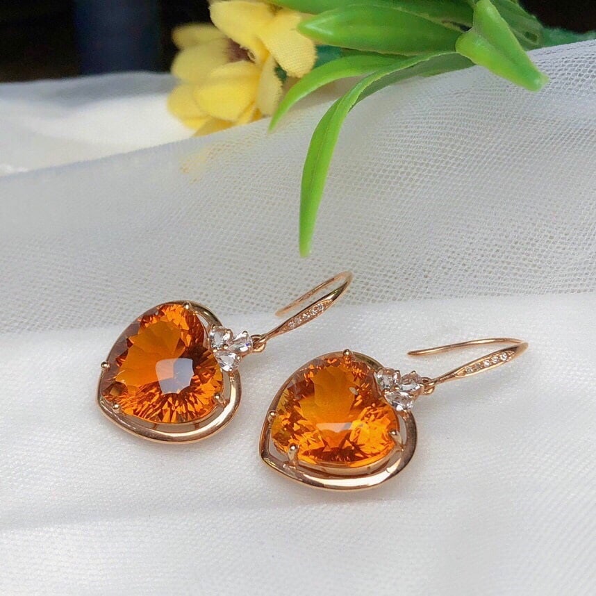 14k Gold 14.90 Ct Natural Citrine & Diamond & Sapphire Earrings - 5