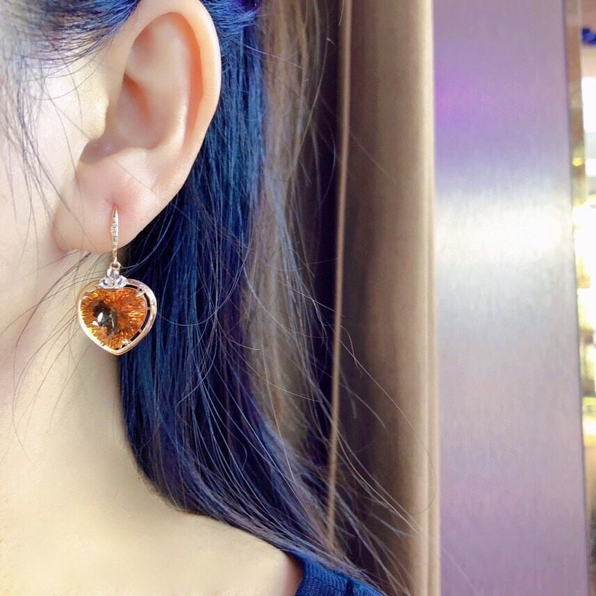 14k Gold 14.90 Ct Natural Citrine & Diamond & Sapphire Earrings - 6