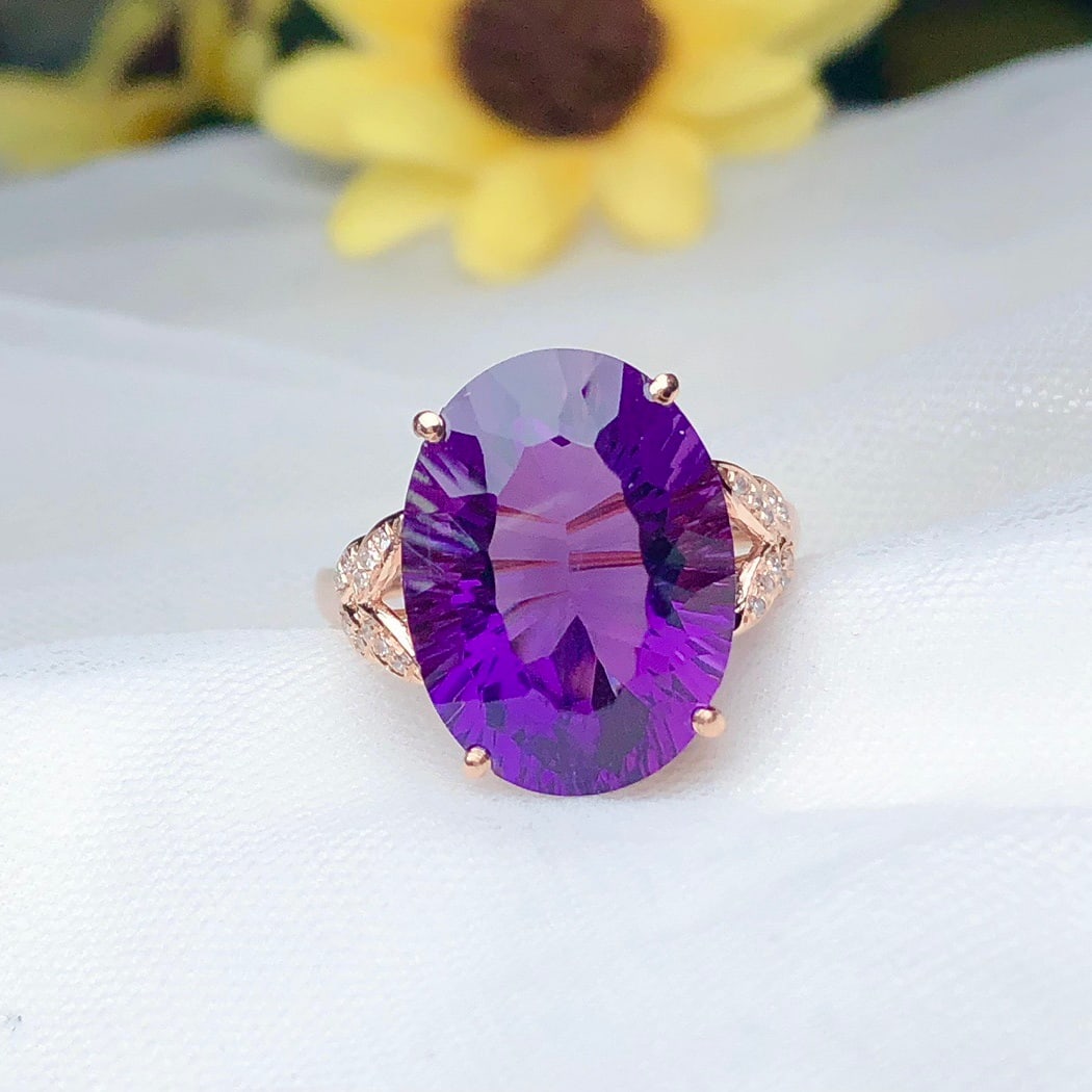 14k Gold 9.15 Ct Natural Amethyst & Diamond Ring: Ref:231162114 // gold content:14k gold // ring size:7. 25us // // main gemstone:amethyst // shape:oval // carat weight:9. 15ct // color:purple // treatment:natural // // adjacent gemstone 2 : diamond 