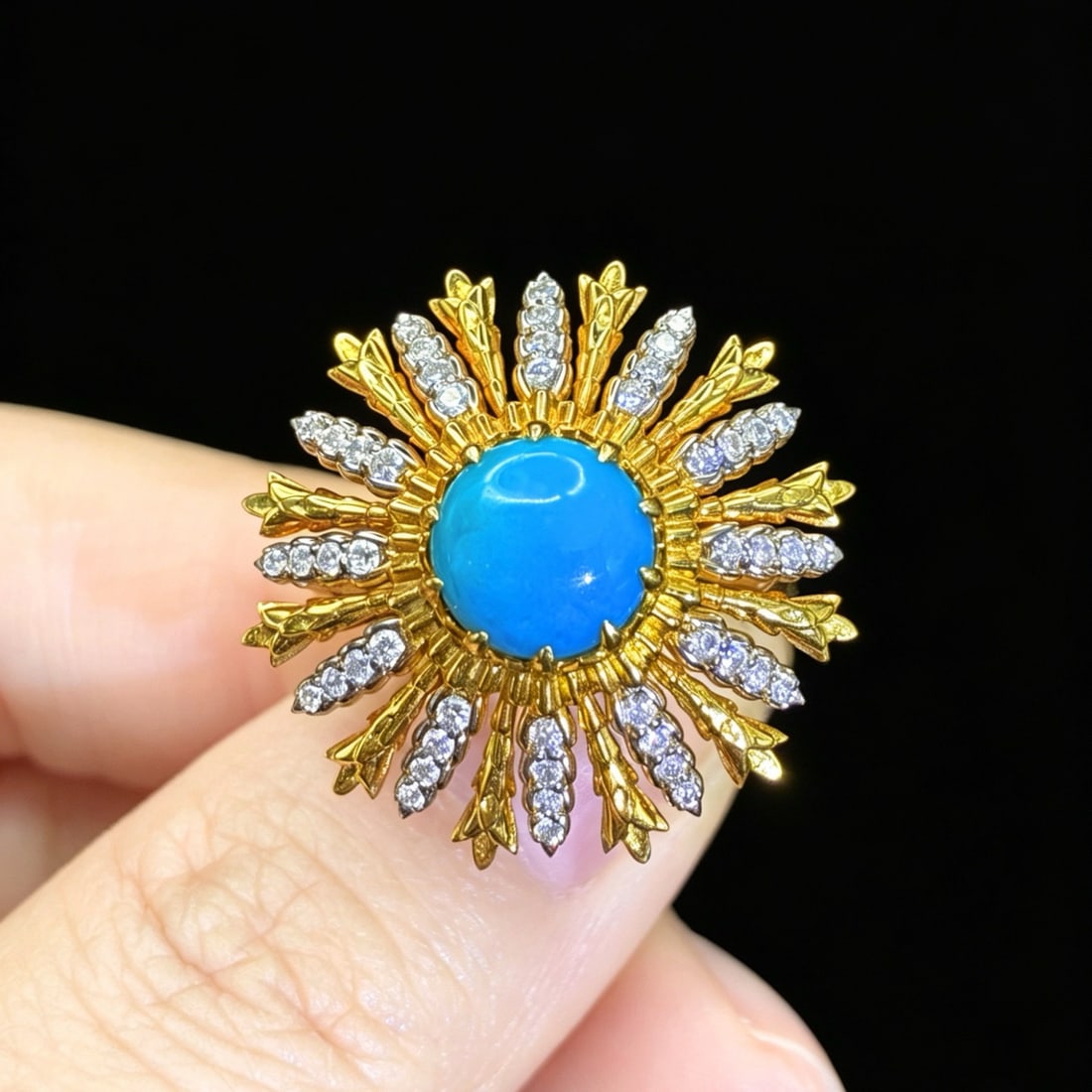 14k Gold 1.94 Ctw Natural Blue Turquoise & Diamond & Flowers Ring (1 of 7)