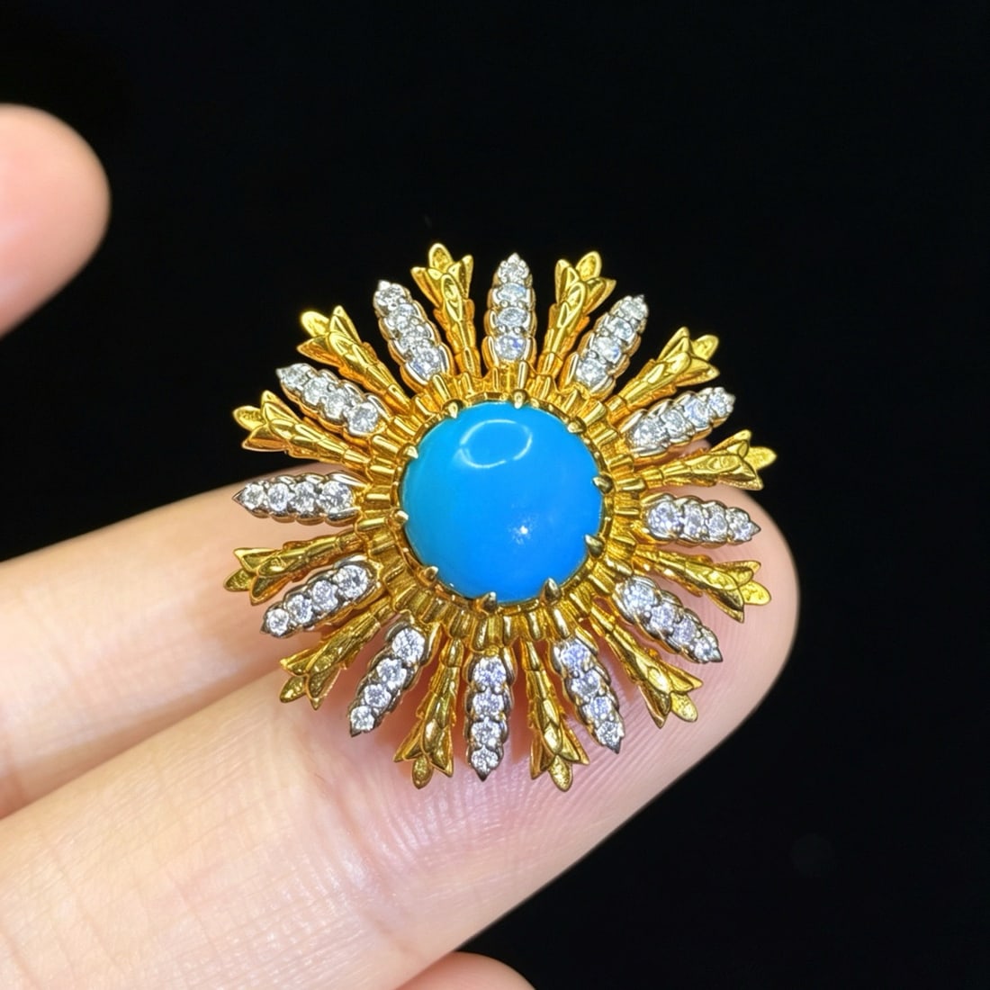 14k Gold 1.94 Ctw Natural Blue Turquoise & Diamond & Flowers Ring - 2