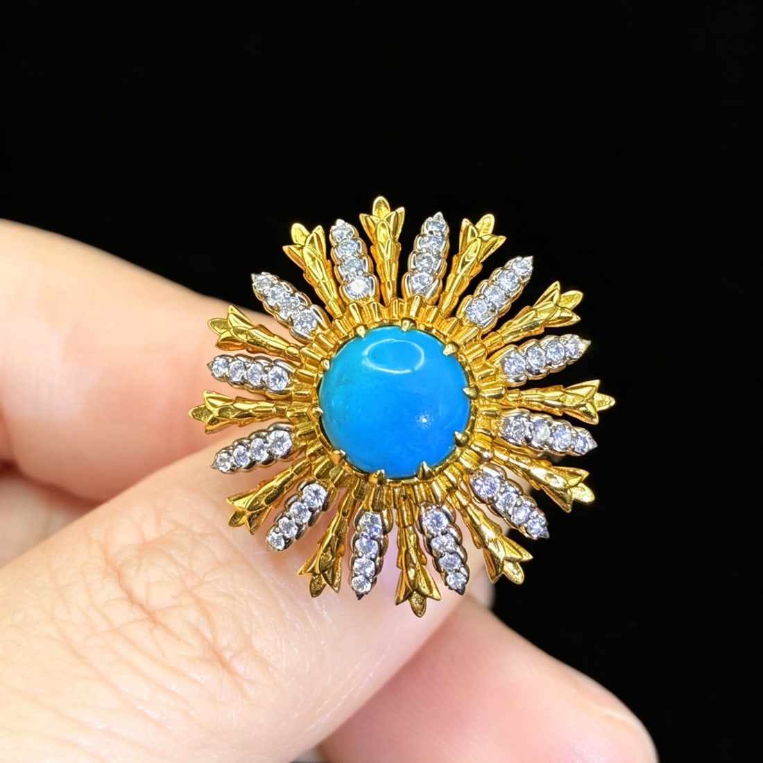 14k Gold 1.94 Ctw Natural Blue Turquoise & Diamond & Flowers Ring - 3