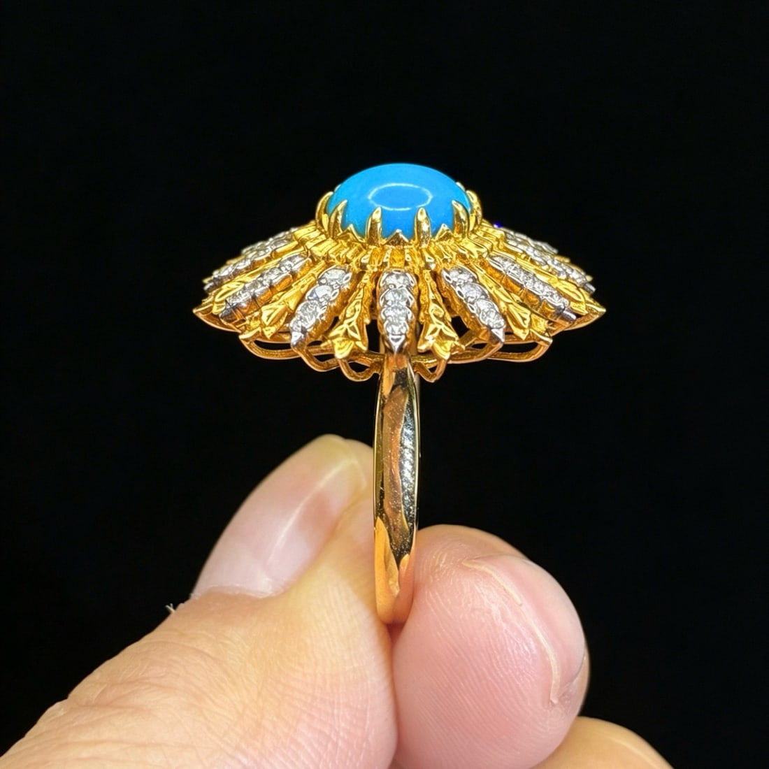 14k Gold 1.94 Ctw Natural Blue Turquoise & Diamond & Flowers Ring - 4