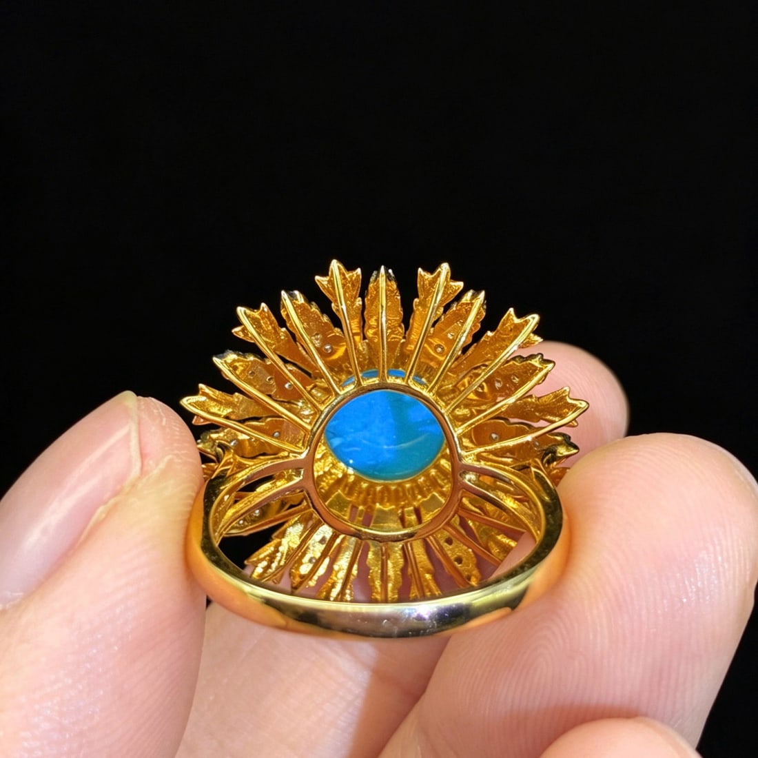 14k Gold 1.94 Ctw Natural Blue Turquoise & Diamond & Flowers Ring - 5