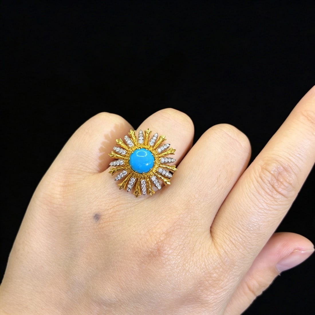 14k Gold 1.94 Ctw Natural Blue Turquoise & Diamond & Flowers Ring - 6