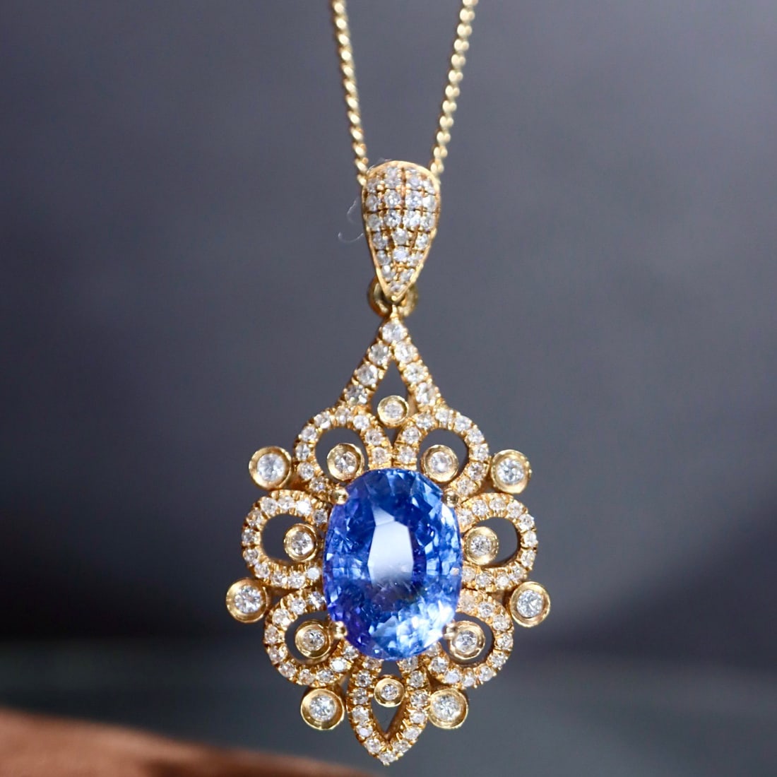 14k Gold 2.98 Ctw Natural Sapphire & Diamond Pendant( Without Chain ) - 4