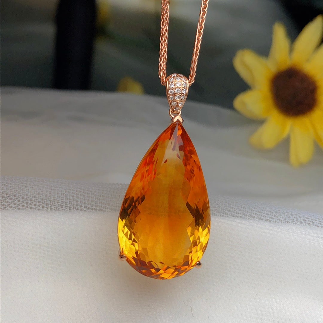 14k Gold 22.80 Ct Natural Citrine & Diamond Pendant( Without Chain ) - 2
