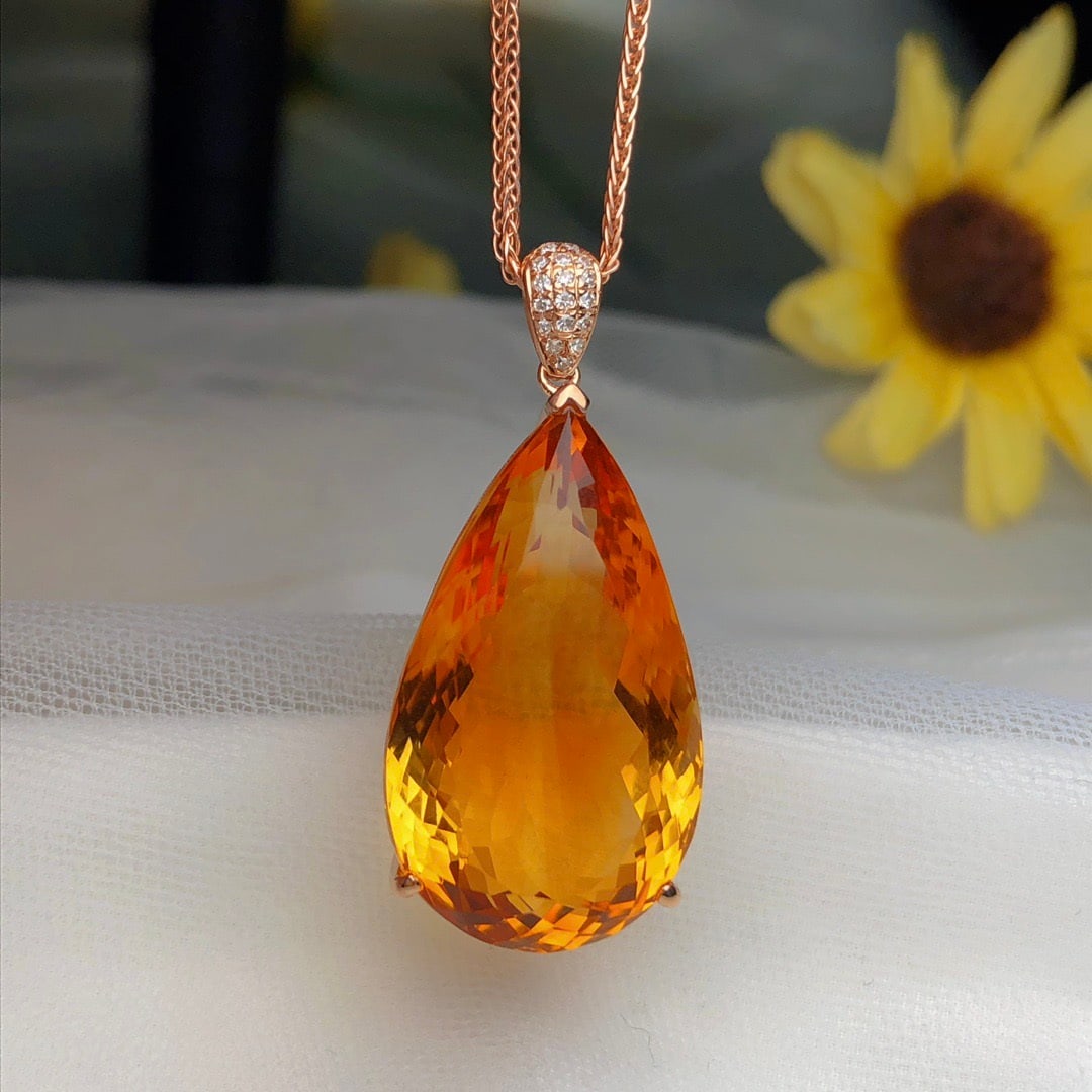 14k Gold 22.80 Ct Natural Citrine & Diamond Pendant( Without Chain ) - 3