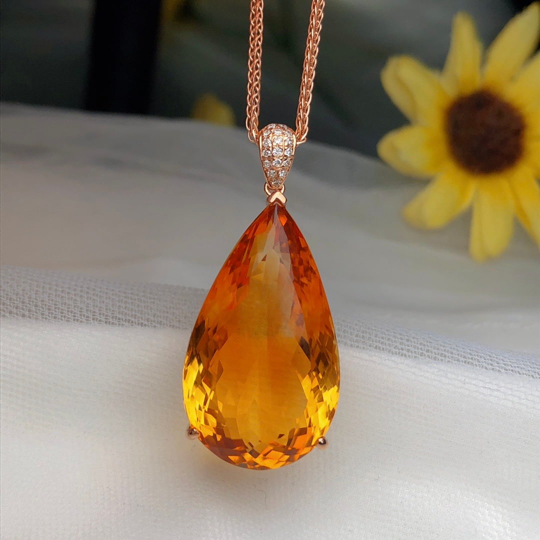 14k Gold 22.80 Ct Natural Citrine & Diamond Pendant( Without Chain ) - 4