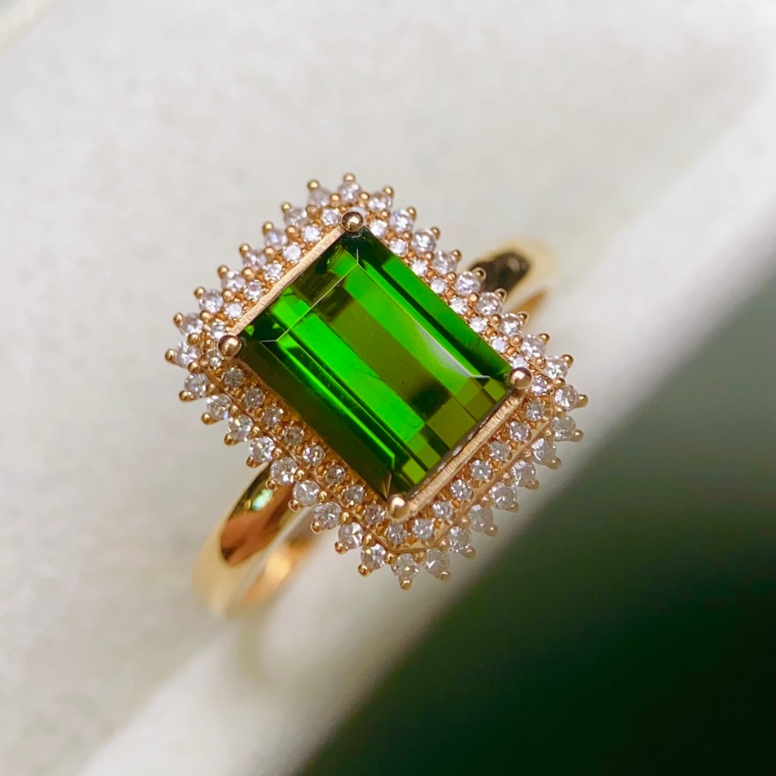 14k Gold 2.23 Ctw Natural Tourmaline & Diamond Ring: Ref:231162154 // gold content:14k gold // ring size:7. 25us // // main gemstone:tourmaline // shape:octagonal // carat weight:1. 95ct // color:green // treatment:natural // // adjacent gemstone 2 :