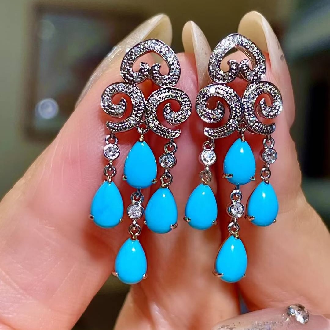 14k Gold 3.31 Ctw Natural Blue Turquoise & Diamond Earrings: Ref:231162166 // gold content:14k gold // main gemstone:blue turquoise // shape:pear // carat weight:3. 09ct // color:blue // treatment:natural // // adjacent gemstone 2 : diamond // shape:round //