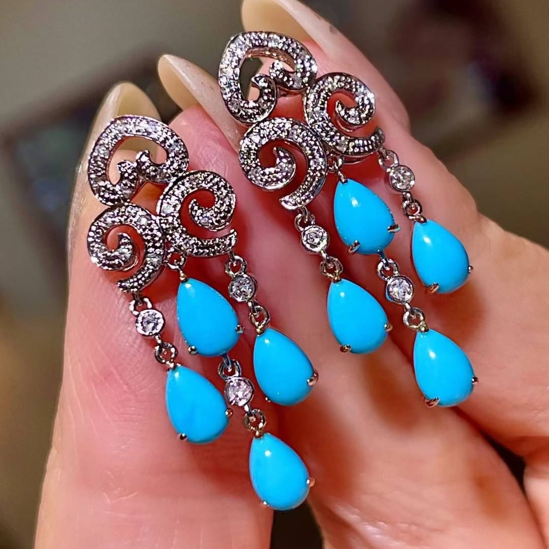 14k Gold 3.31 Ctw Natural Blue Turquoise & Diamond Earrings - 2