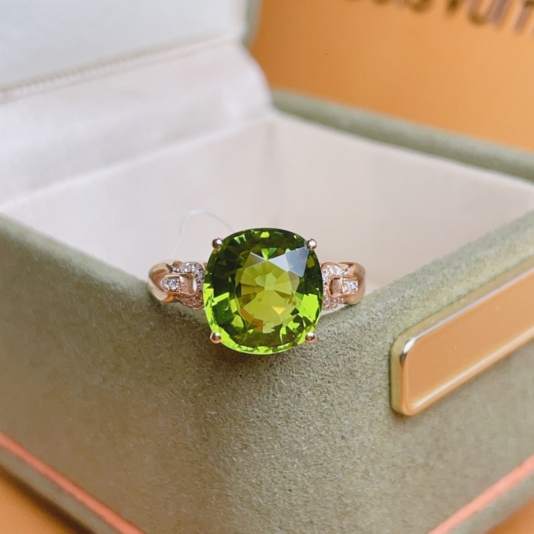 14k Gold 3.7 Ct Natural Tourmaline & Diamond Ring: Ref:231162170 // gold content:14k gold // ring size:7. 25us // // main gemstone:tourmaline // shape:cushion // carat weight:3. 7ct // color:green // treatment:natural // // adjacent gemstone 2 :
