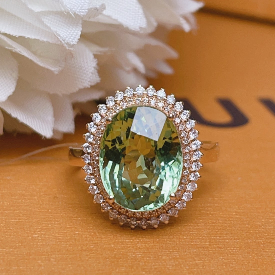 14k Gold 5.2 Ct Natural Tourmaline & Diamond Ring: Ref:231162179 // gold content:14k gold // ring size:7. 25us // // main gemstone:tourmaline // shape:oval // carat weight:5. 2ct // color:green // treatment:natural // // adjacent gemstone 2 : diamond