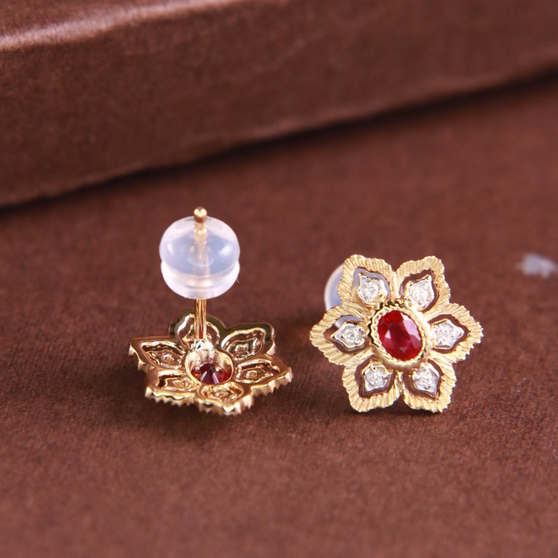 14k Gold 0.36 Ctw Vivid Red Natural Ruby & Diamond Earrings - 2
