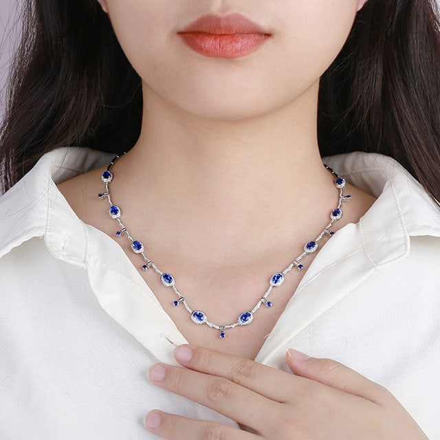 14k Gold 7.09 Ctw Natural Sapphire & Diamond Necklace - 5