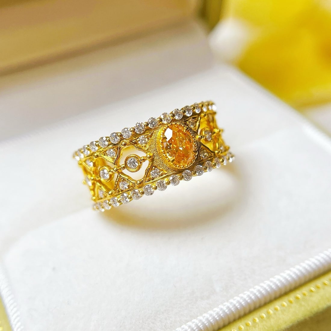 Gia Certified 14k Gold 1.19 Ctw Natural Orange Diamond & Diamond Ring - 2