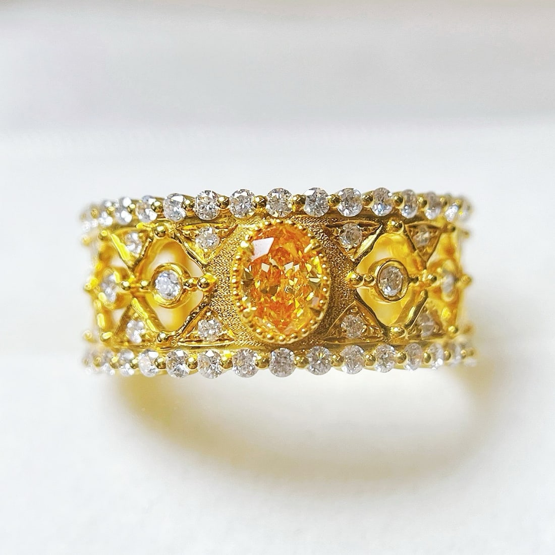 Gia Certified 14k Gold 1.19 Ctw Natural Orange Diamond & Diamond Ring - 3