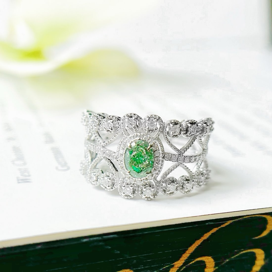 14k Gold 1.08 Ctw Natural Green Diamond & Diamond Ring: Ref:231162255 // gold content:14k gold // ring size:7. 25us // // main gemstone:green diamond // shape:oval // carat weight:0. 62ct // color:green // treatment:natural // // adjacent gemstone 2 : diam