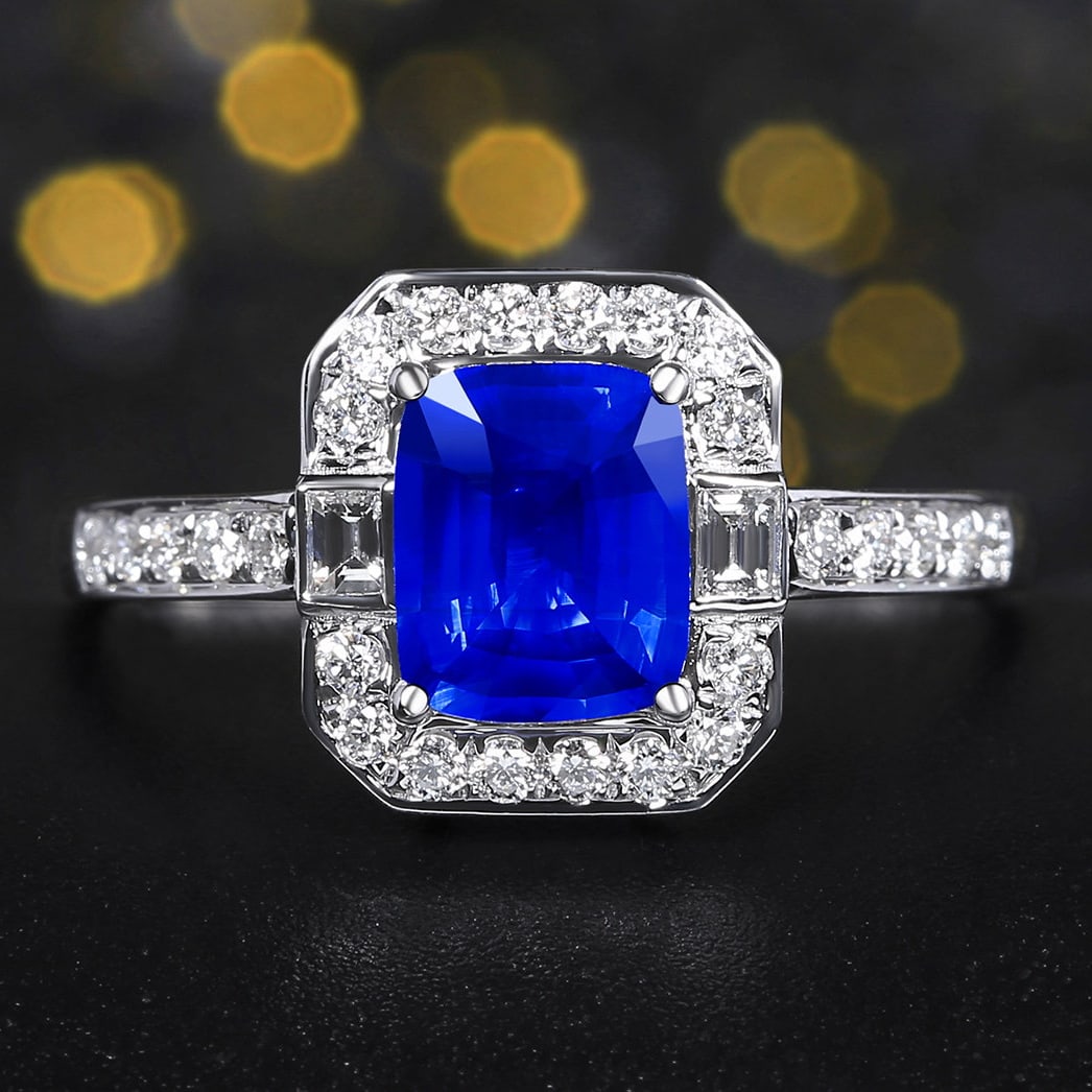 14k Gold 1.43 Ctw Natural Sapphire & Diamond Ring: Ref:231162282 // gold content:14k gold // ring size:7. 25us // // main gemstone:sapphire // shape:cushion // carat weight:1. 1ct // color:royal blue // treatment:natural // // adjacent gemstone 2 :