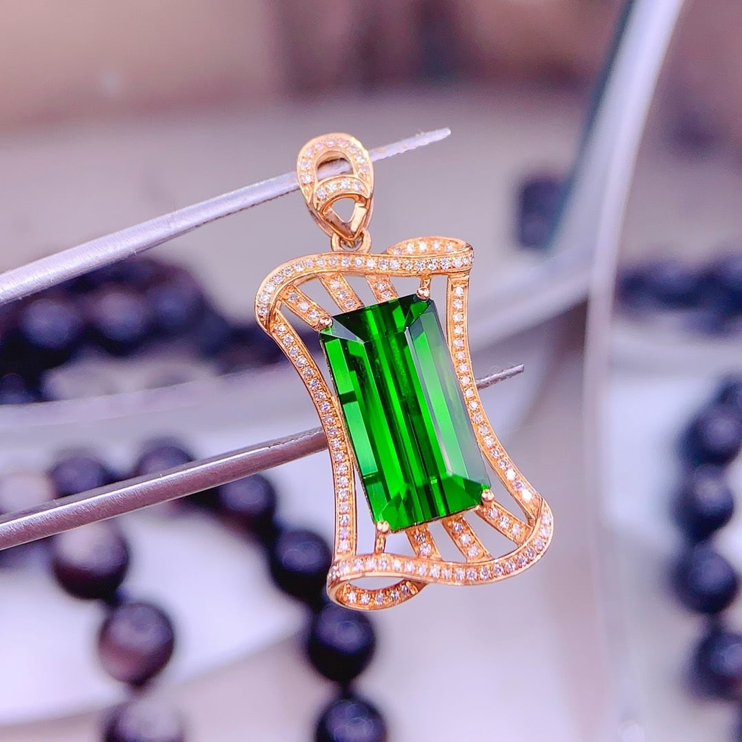 14k Gold 8.5 Ct Natural Tourmaline & Diamond Pendant( Without Chain ) - 2