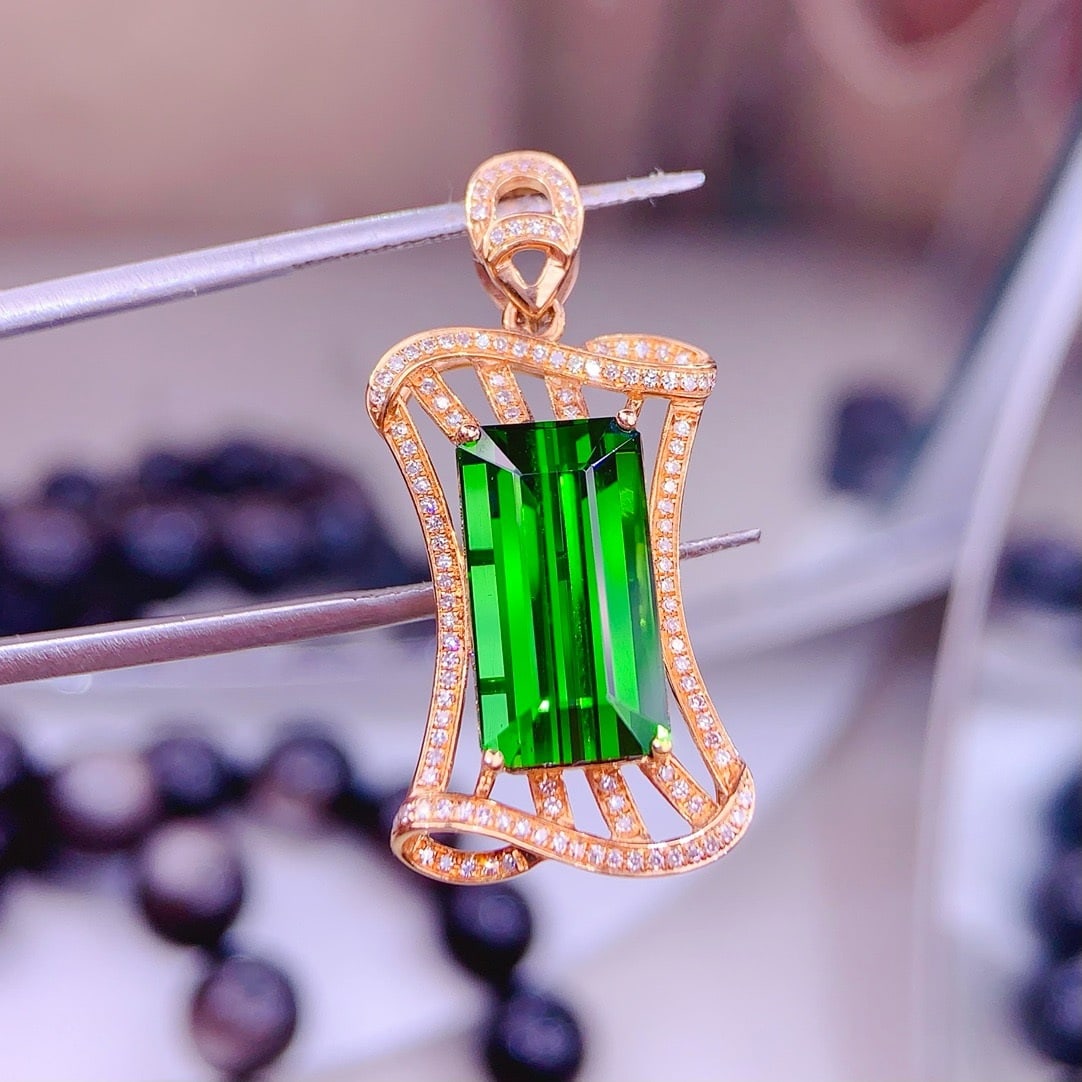 14k Gold 8.5 Ct Natural Tourmaline & Diamond Pendant( Without Chain ) - 4