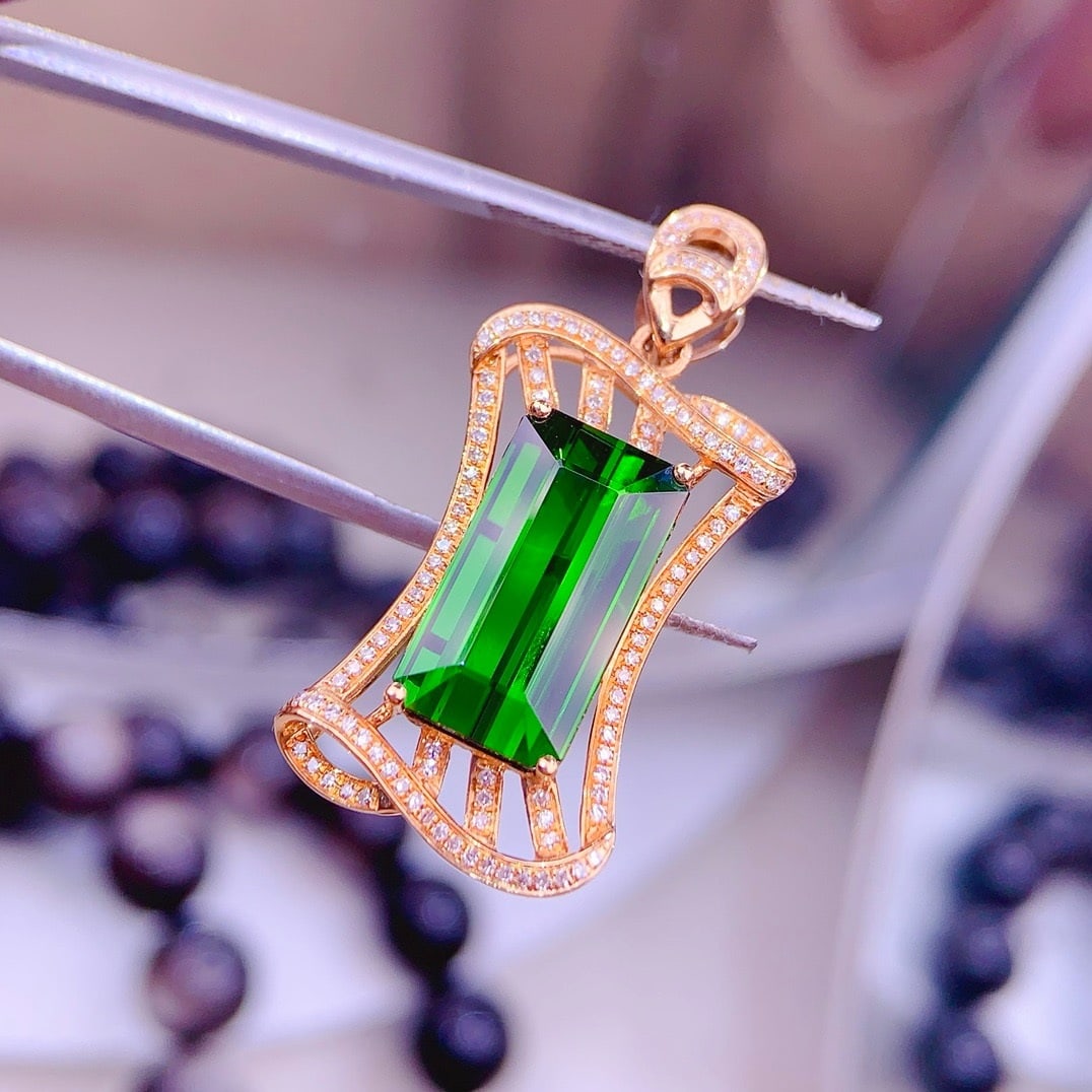 14k Gold 8.5 Ct Natural Tourmaline & Diamond Pendant( Without Chain ) - 5