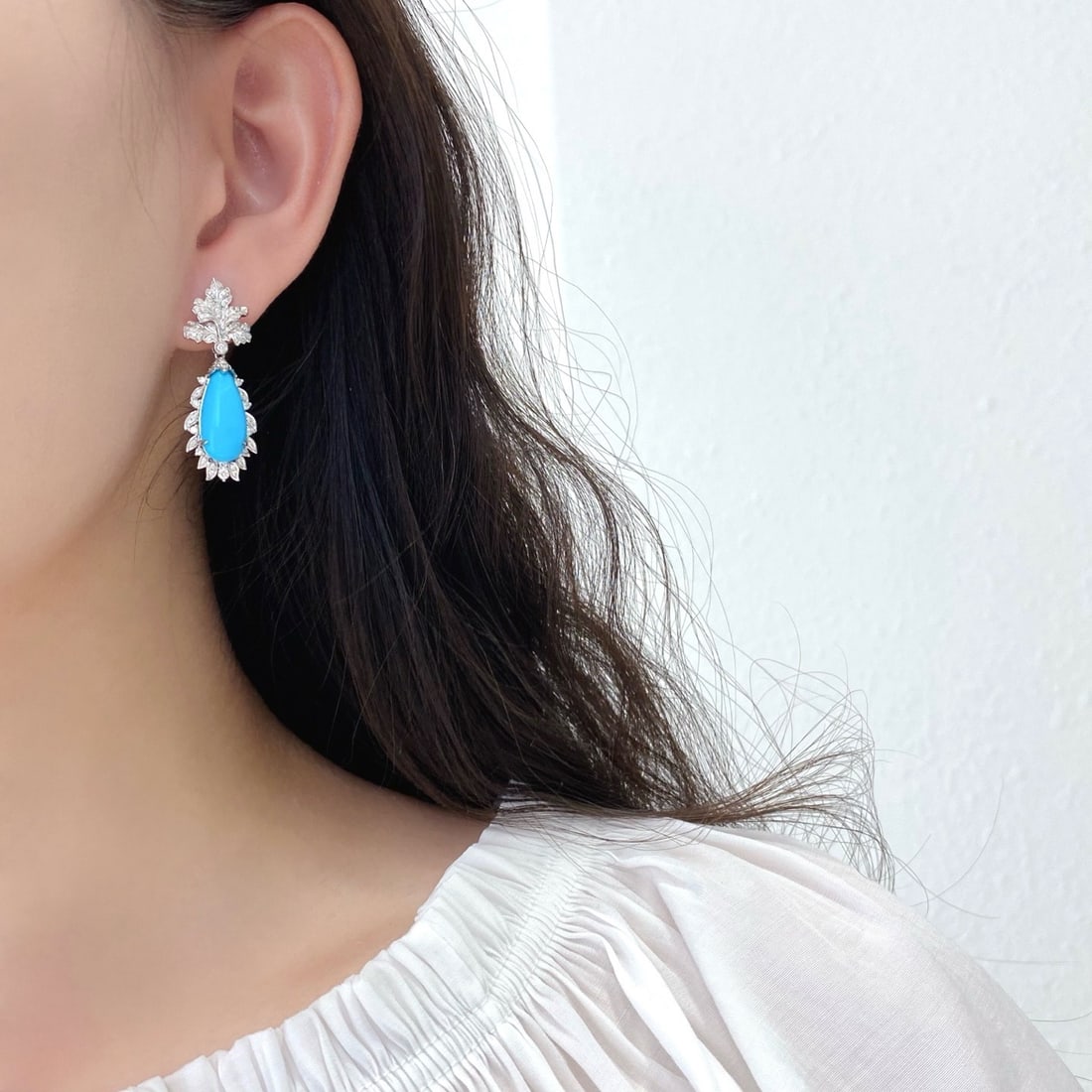 14k Gold 7.43 Ctw Natural Blue Turquoise & Diamond Earrings - 2