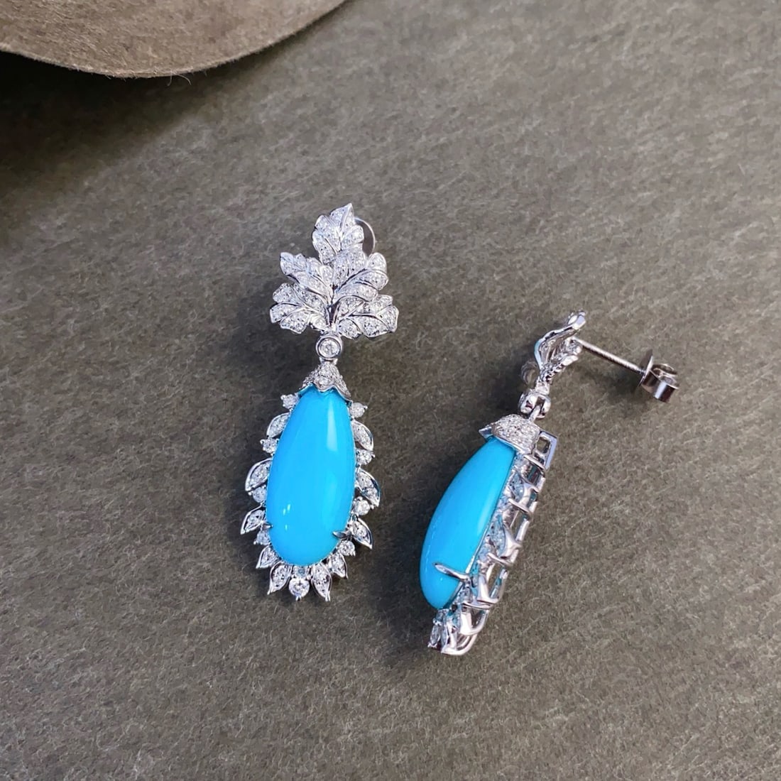 14k Gold 7.43 Ctw Natural Blue Turquoise & Diamond Earrings - 5