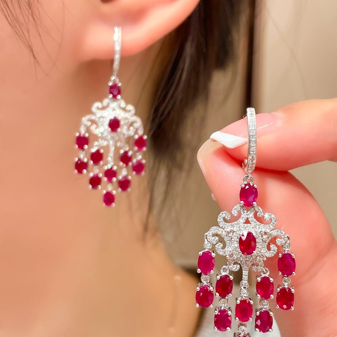 14k Gold 5.3 Ct Natural Ruby & Diamond Earrings - 4