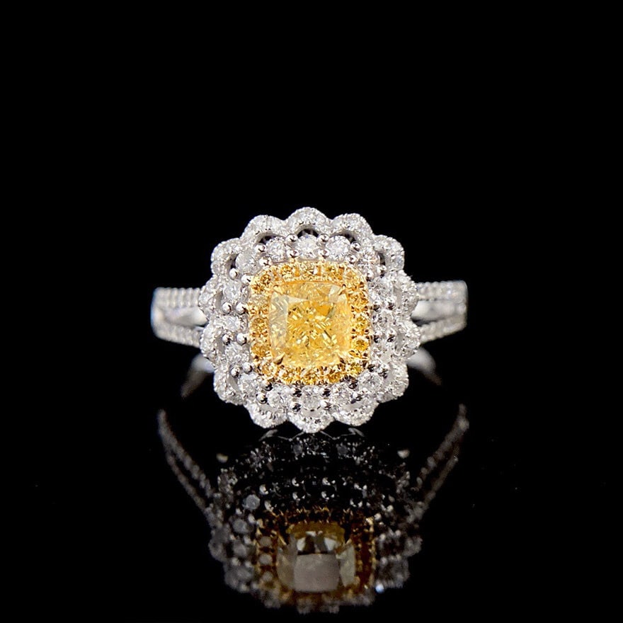 14k Gold 0.98 Ctw Natural Yellow Diamond & Diamond Ring: Ref:231162333 // gold content:14k gold // ring size:7. 25us // // main gemstone:yellow diamond // shape:cushion // carat weight:0. 5ct // color:yellow // treatment:natural // // adjacent gemstone 2 : 