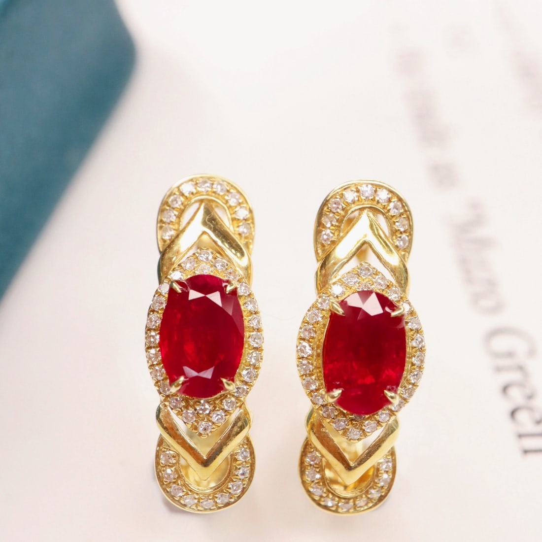 14k Gold 1.47 Ctw Vivid Red Natural Ruby & Diamond Earrings: Ref:231162348 // gold content:14k gold // main gemstone:ruby // shape:oval // carat weight:1. 21ct // color:vivid red // treatment:natural // // adjacent gemstone 2 : diamond // shape:round // carat