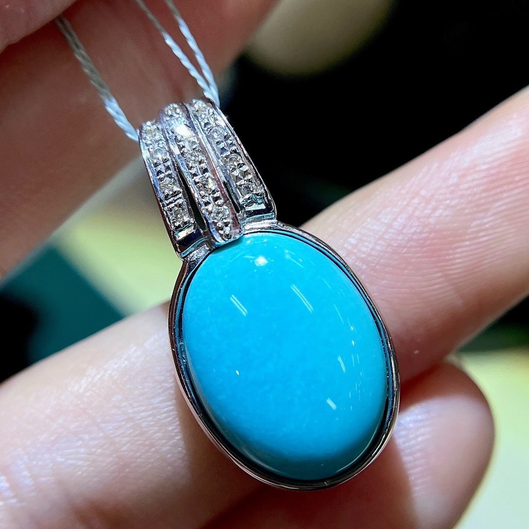 14k Gold 7.92 Ctw Natural Blue Turquoise & Diamond Pendant( Without Chain ) - 2